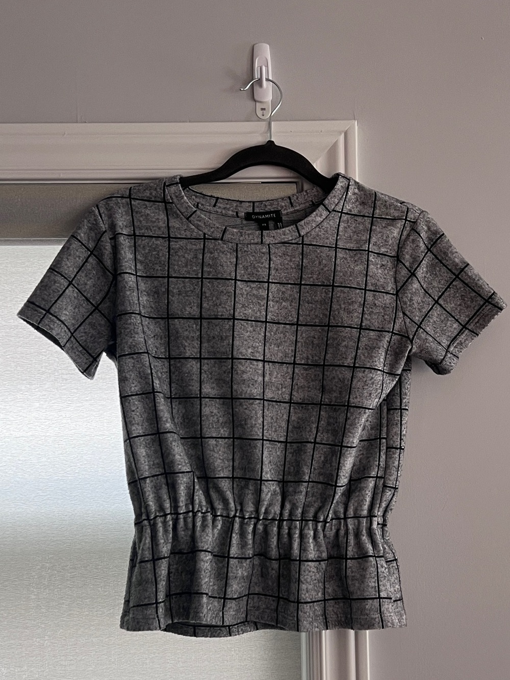 Size S- Dynamite Gray Grid-Print Short Sleeve Peplum Top